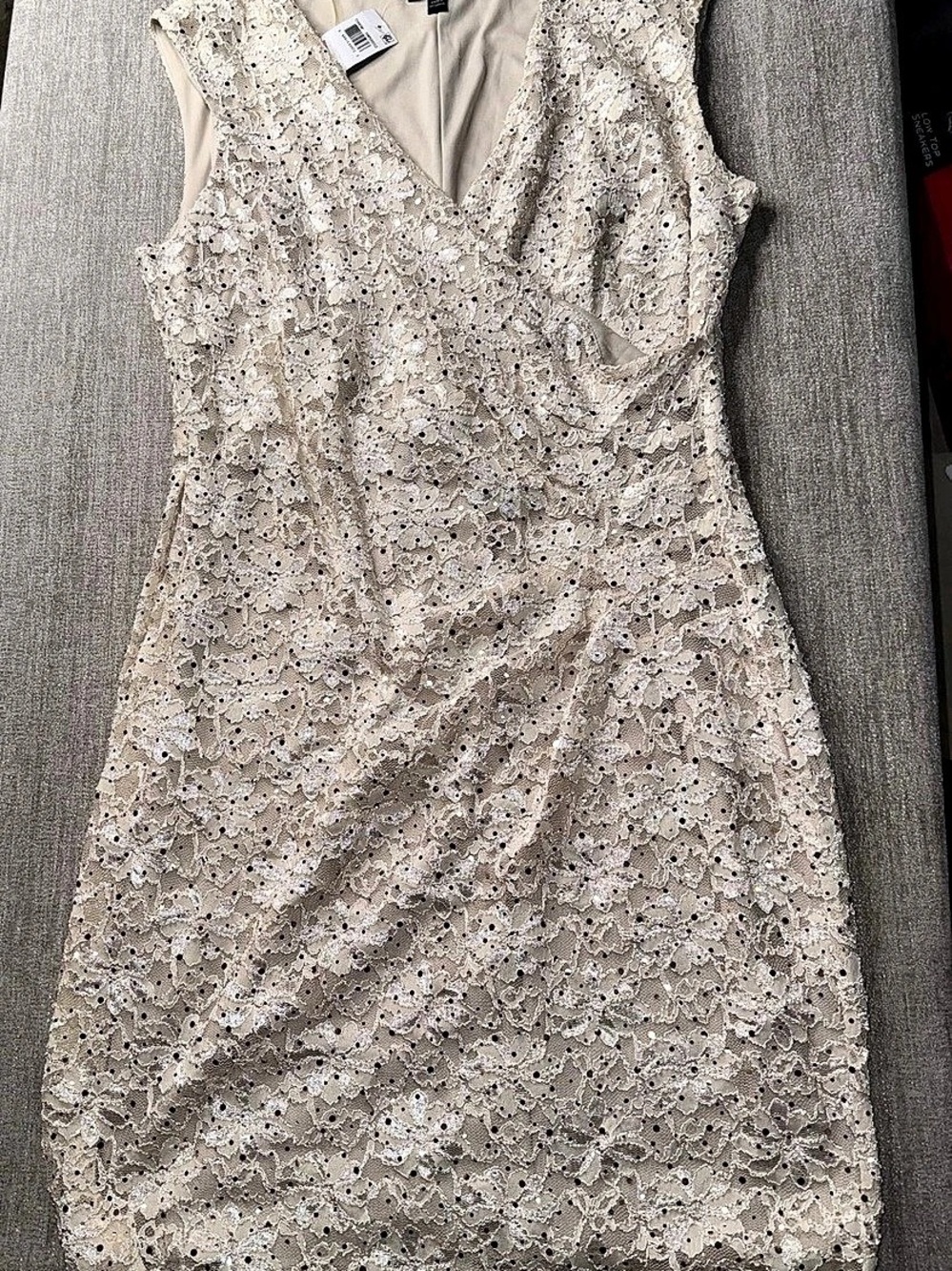 NWT Connected Champagne Gold Sequin Lace Dress 16